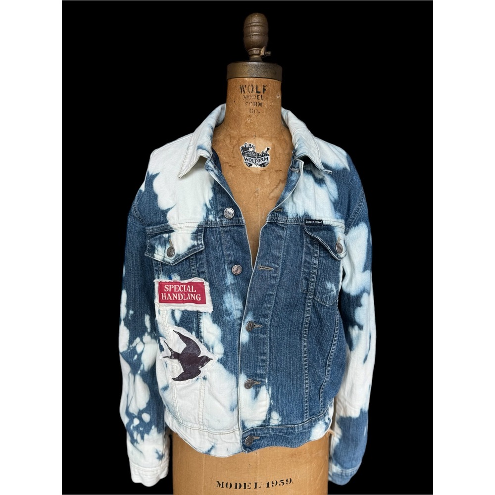 Upcycled Denim Jacket Crow Patch Indivisible Medium Folk Art - Picture 2 of 9